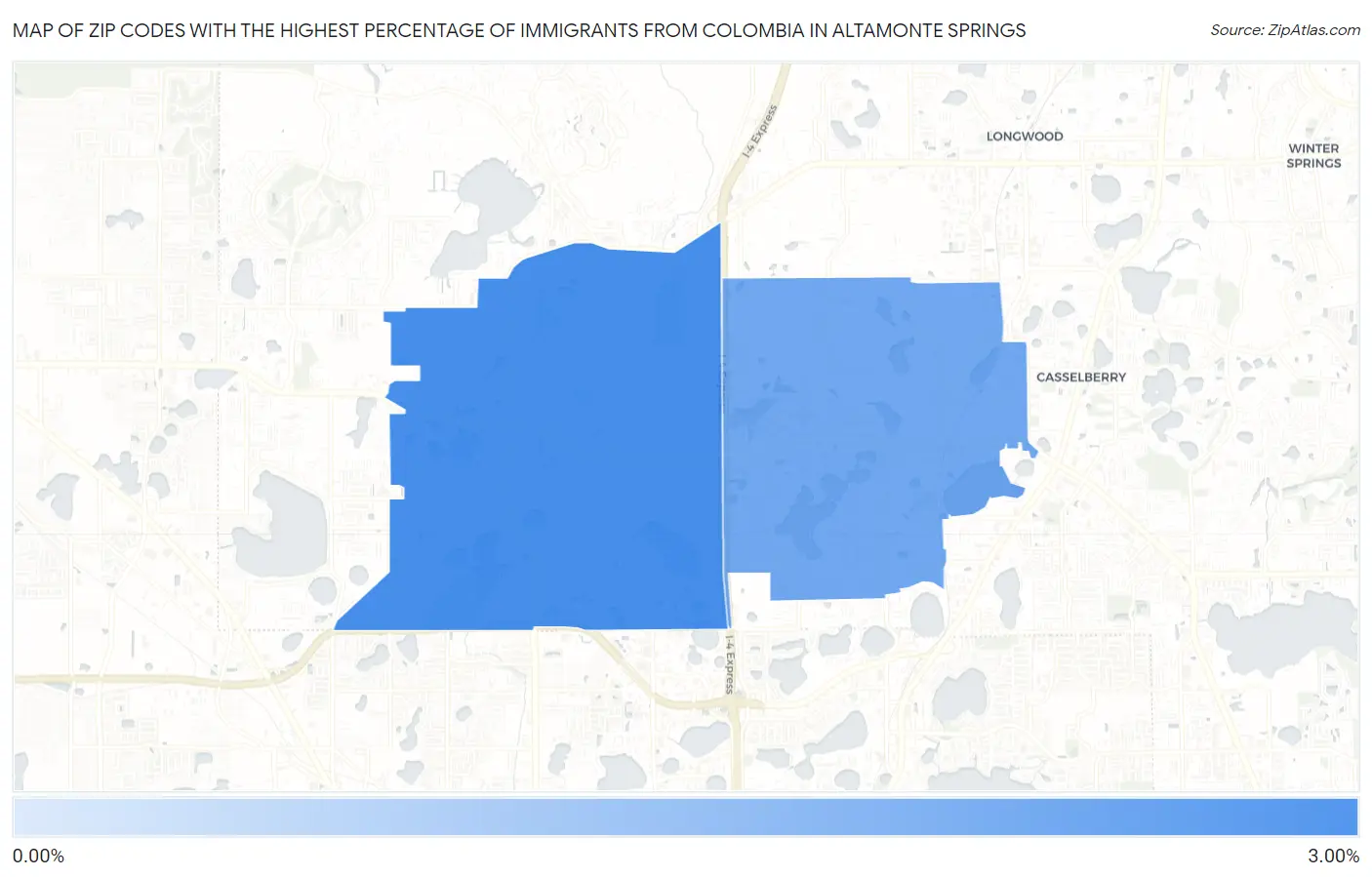 Zip Codes with the Highest Percentage of Immigrants from Colombia in Altamonte Springs Map