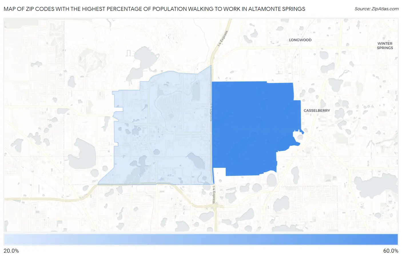 Zip Codes with the Highest Percentage of Population Walking to Work in Altamonte Springs Map