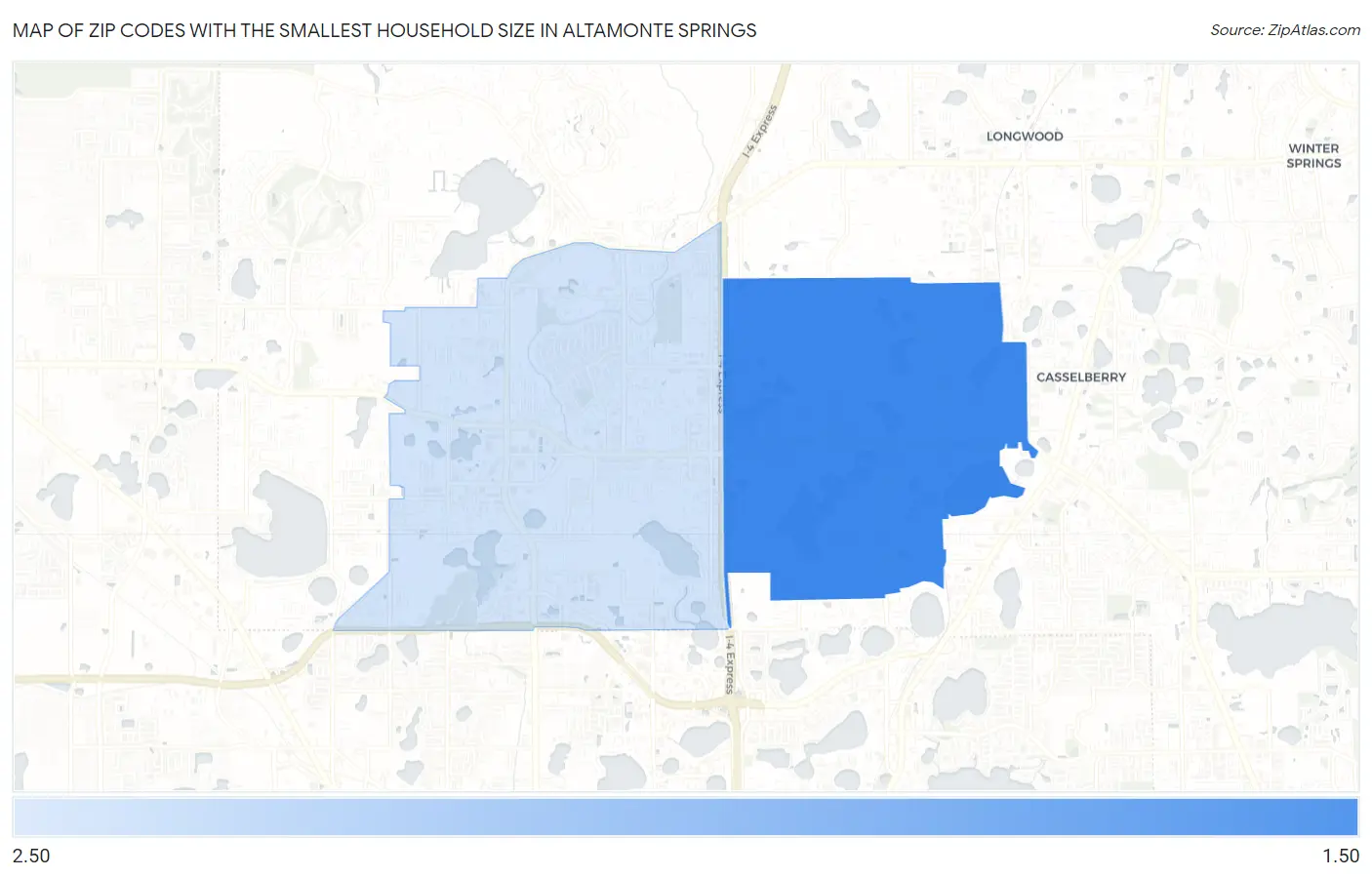 Zip Codes with the Smallest Household Size in Altamonte Springs Map