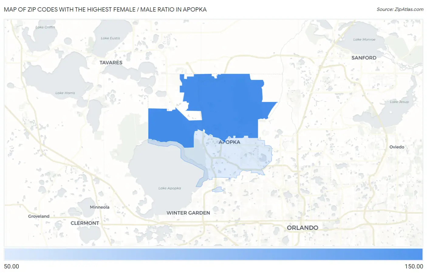Zip Codes with the Highest Female / Male Ratio in Apopka Map