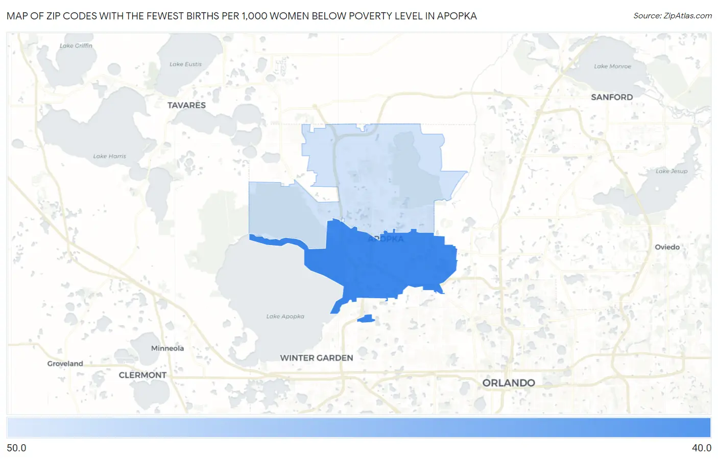 Zip Codes with the Fewest Births per 1,000 Women Below Poverty Level in Apopka Map