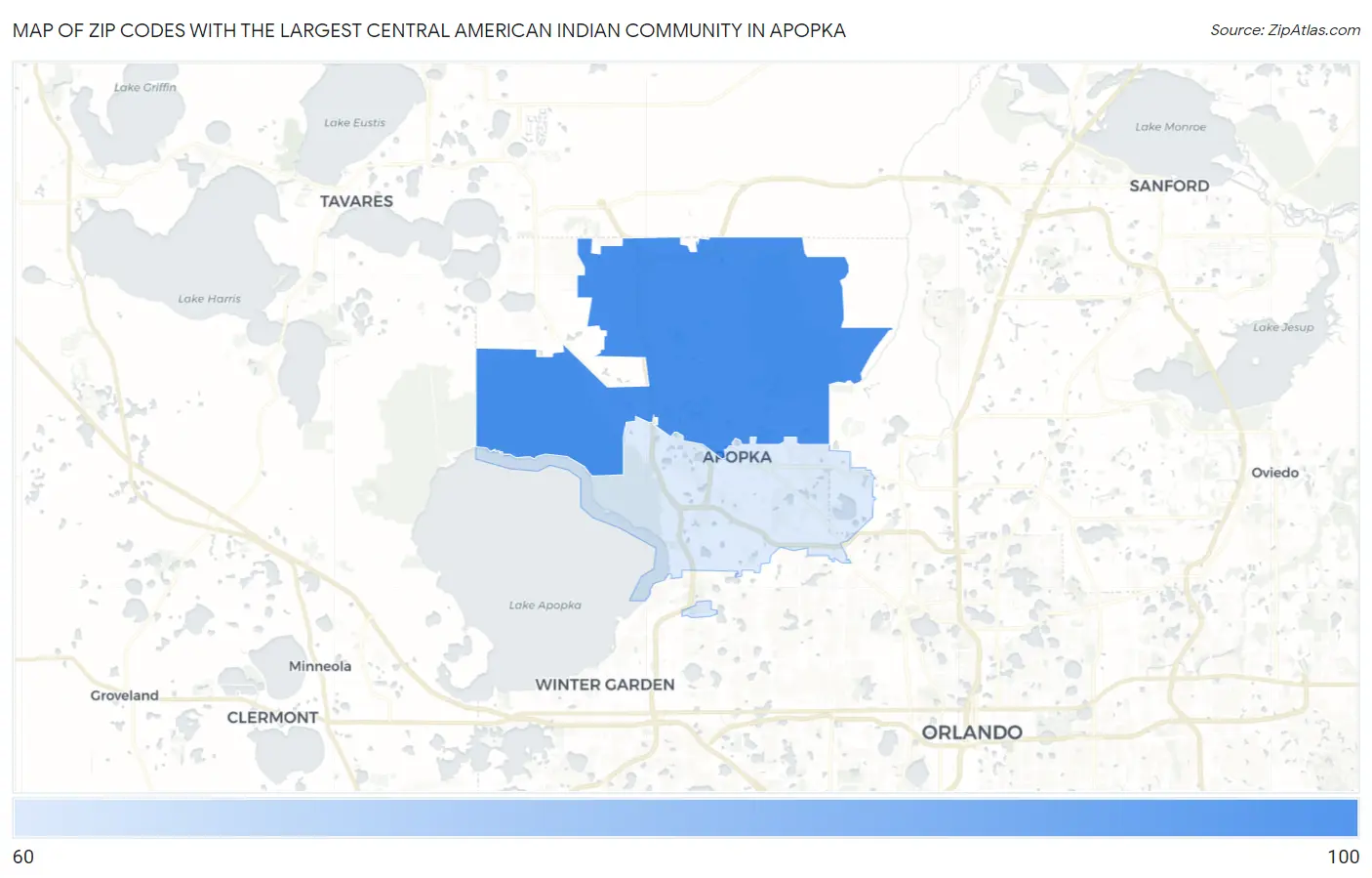 Zip Codes with the Largest Central American Indian Community in Apopka Map