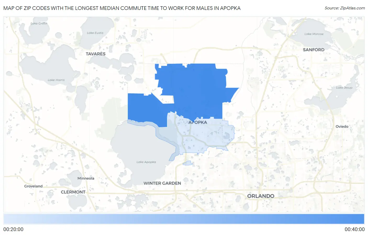Zip Codes with the Longest Median Commute Time to Work for Males in Apopka Map