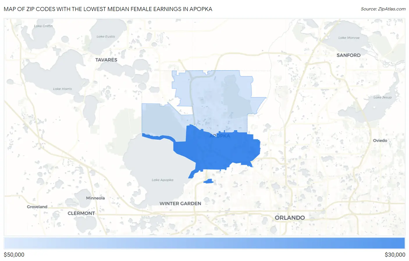 Zip Codes with the Lowest Median Female Earnings in Apopka Map