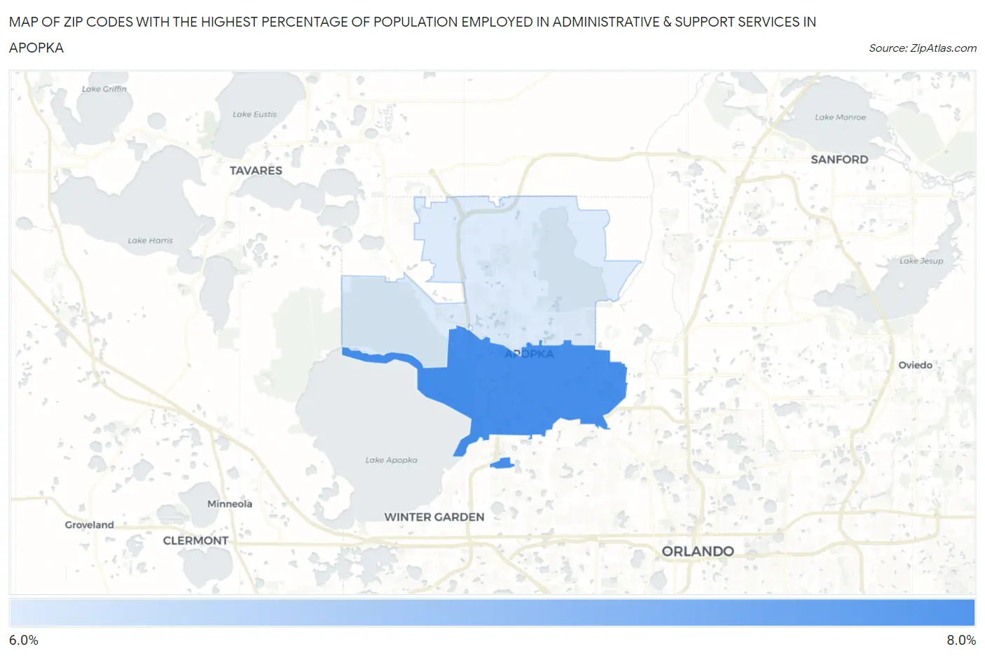 Zip Codes with the Highest Percentage of Population Employed in Administrative & Support Services in Apopka Map