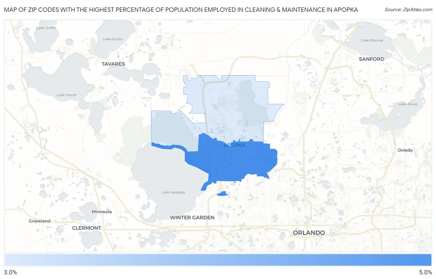 Zip Codes with the Highest Percentage of Population Employed in Cleaning & Maintenance in Apopka Map