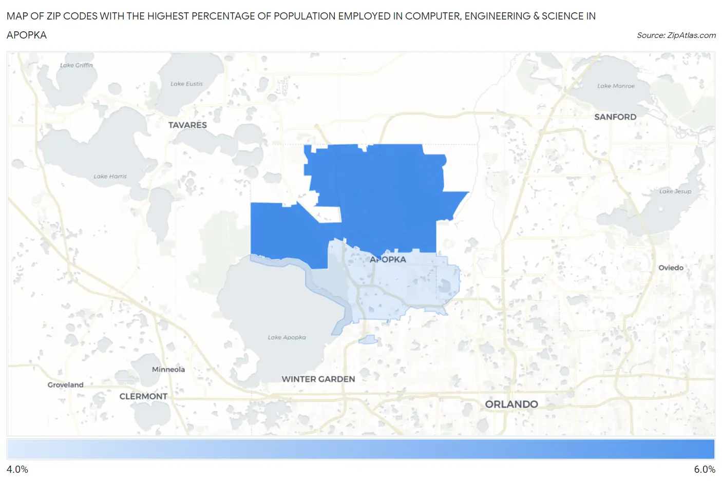 Zip Codes with the Highest Percentage of Population Employed in Computer, Engineering & Science in Apopka Map