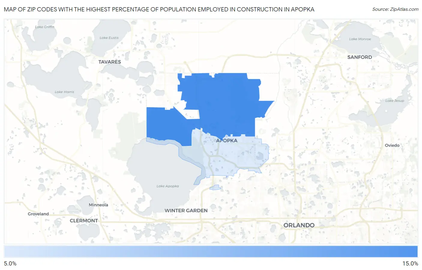 Zip Codes with the Highest Percentage of Population Employed in Construction in Apopka Map