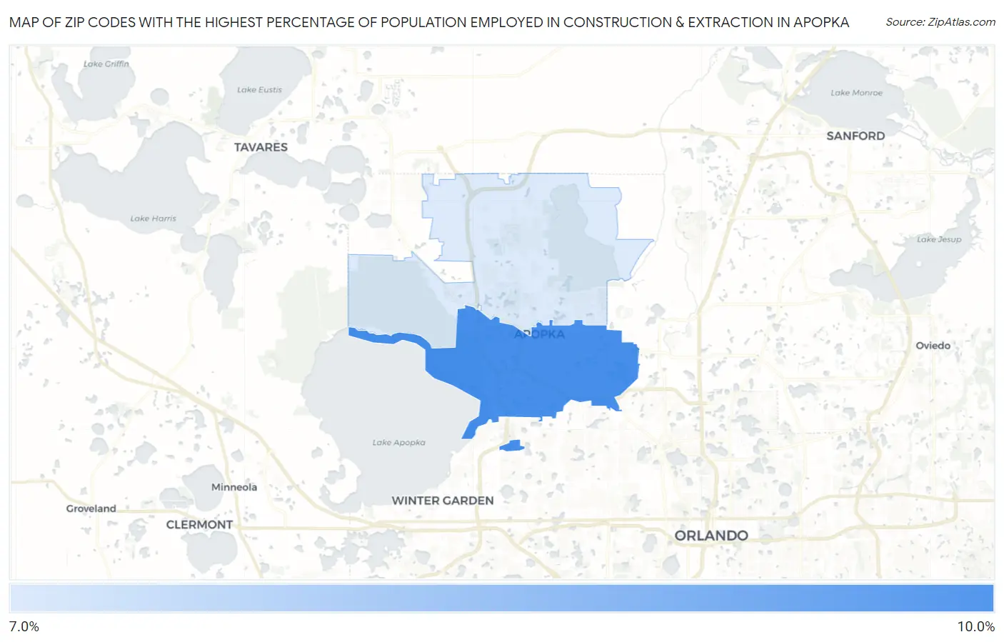Zip Codes with the Highest Percentage of Population Employed in Construction & Extraction in Apopka Map