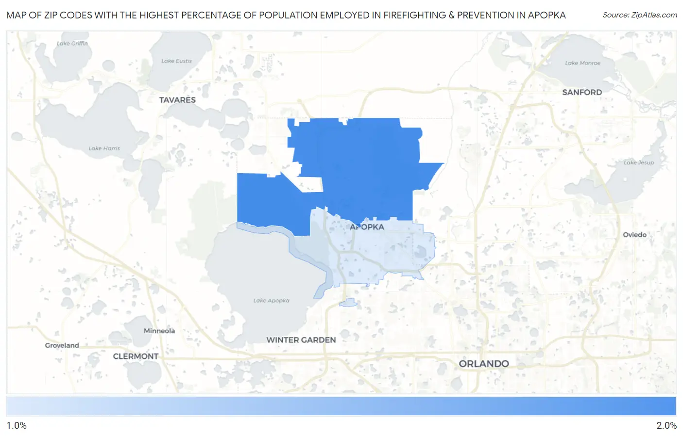 Zip Codes with the Highest Percentage of Population Employed in Firefighting & Prevention in Apopka Map
