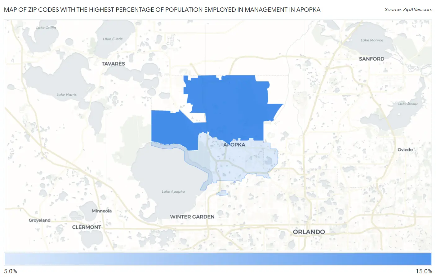 Zip Codes with the Highest Percentage of Population Employed in Management in Apopka Map