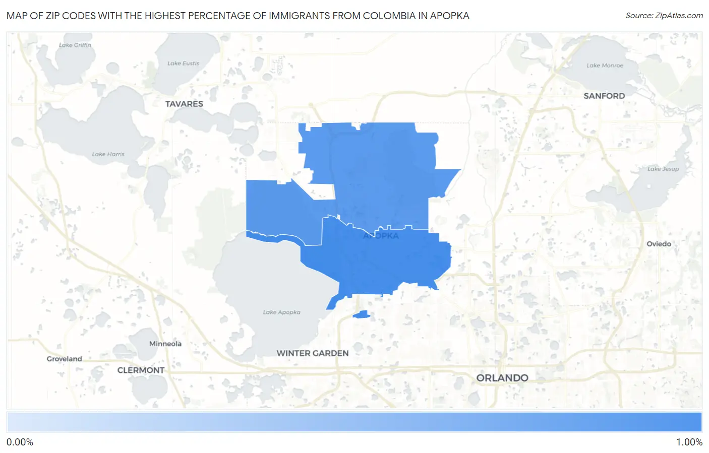 Zip Codes with the Highest Percentage of Immigrants from Colombia in Apopka Map