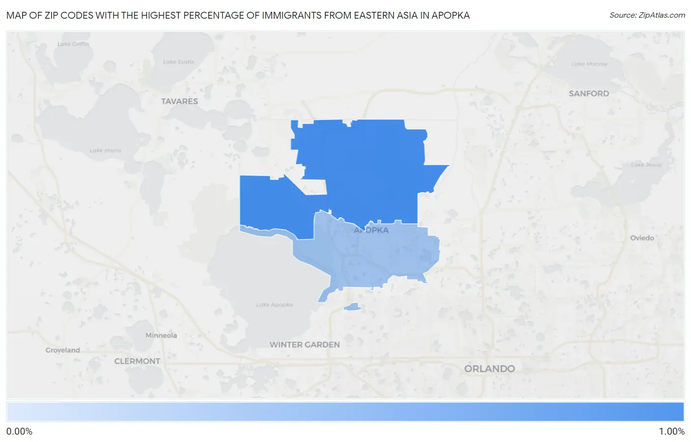 Zip Codes with the Highest Percentage of Immigrants from Eastern Asia in Apopka Map