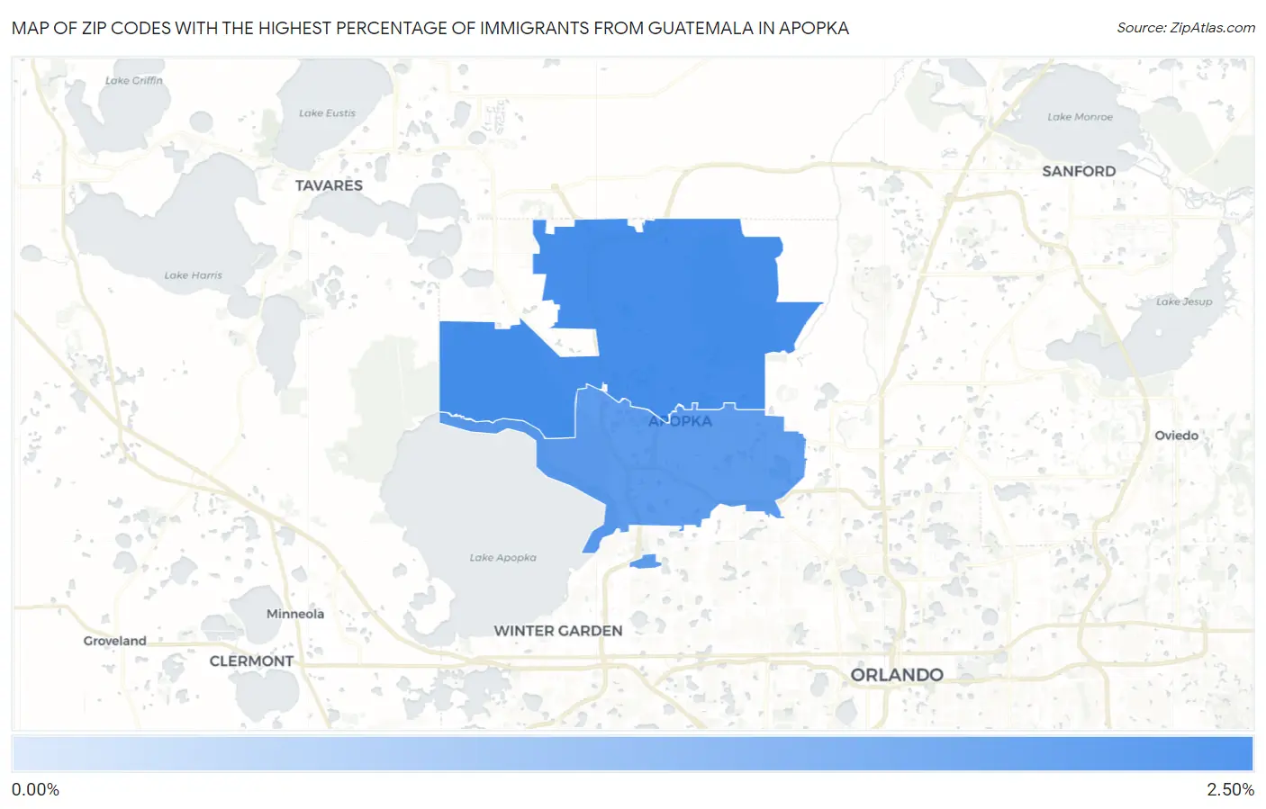 Zip Codes with the Highest Percentage of Immigrants from Guatemala in Apopka Map
