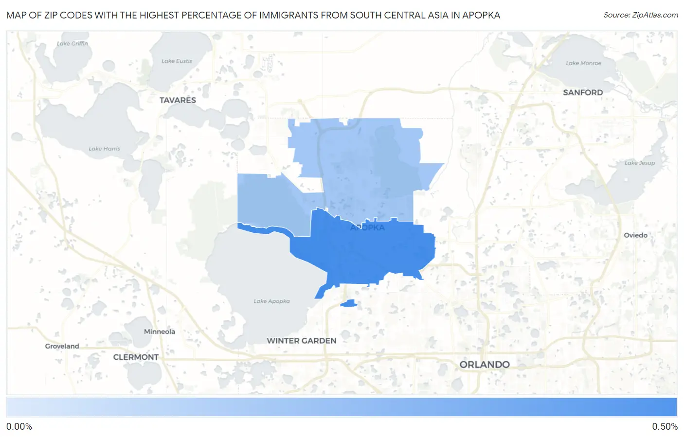 Zip Codes with the Highest Percentage of Immigrants from South Central Asia in Apopka Map