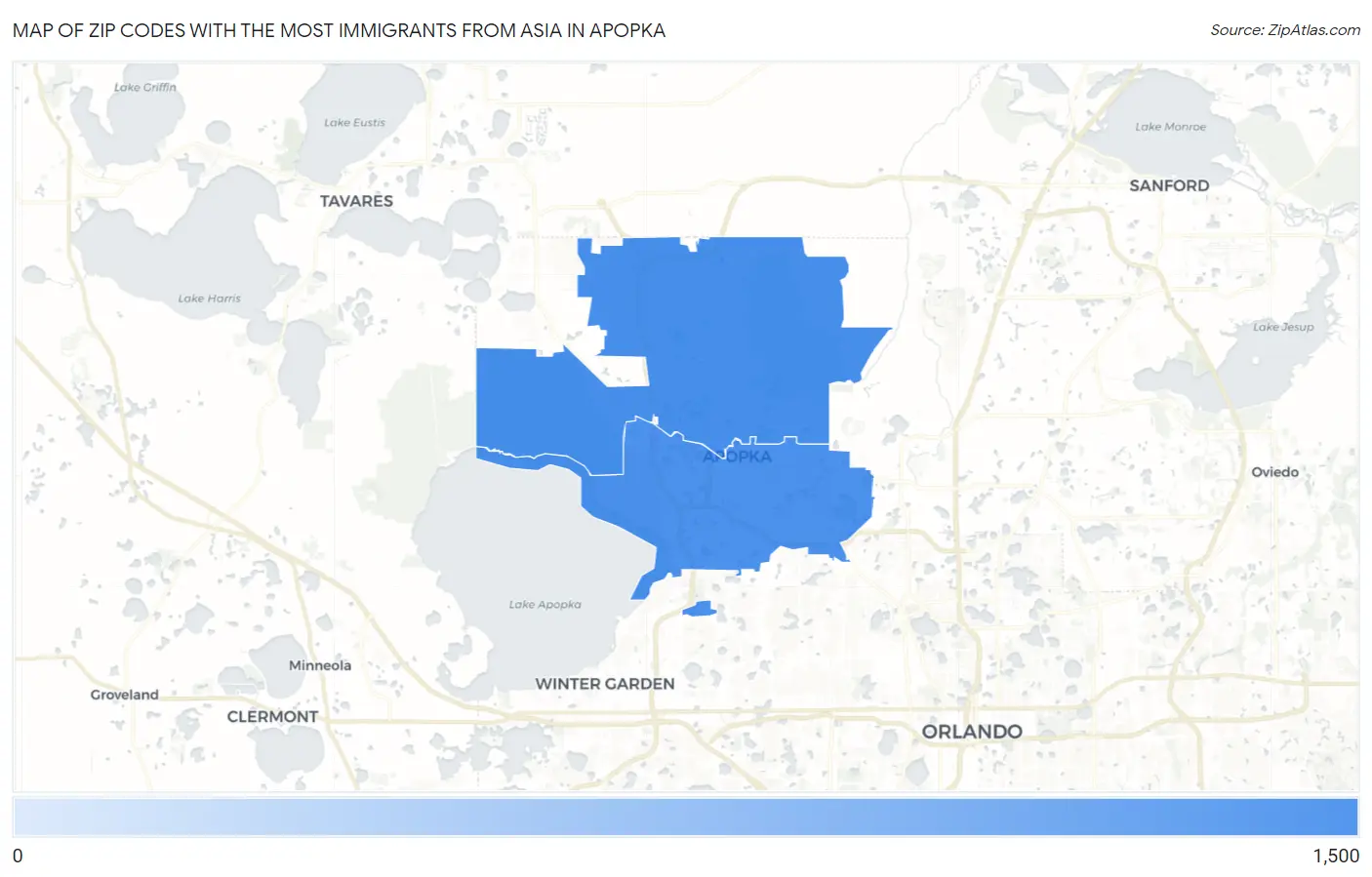 Zip Codes with the Most Immigrants from Asia in Apopka Map