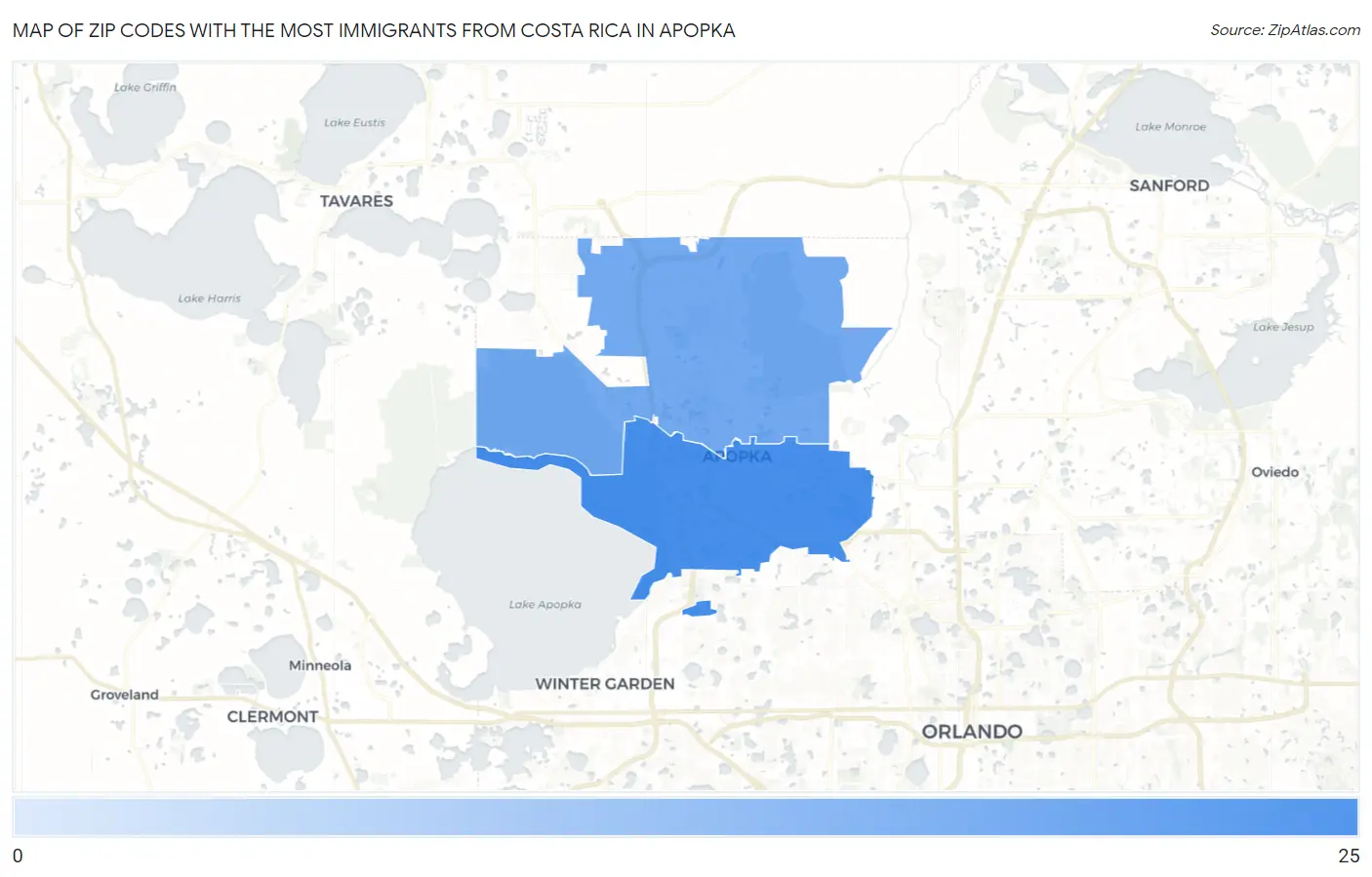 Zip Codes with the Most Immigrants from Costa Rica in Apopka Map