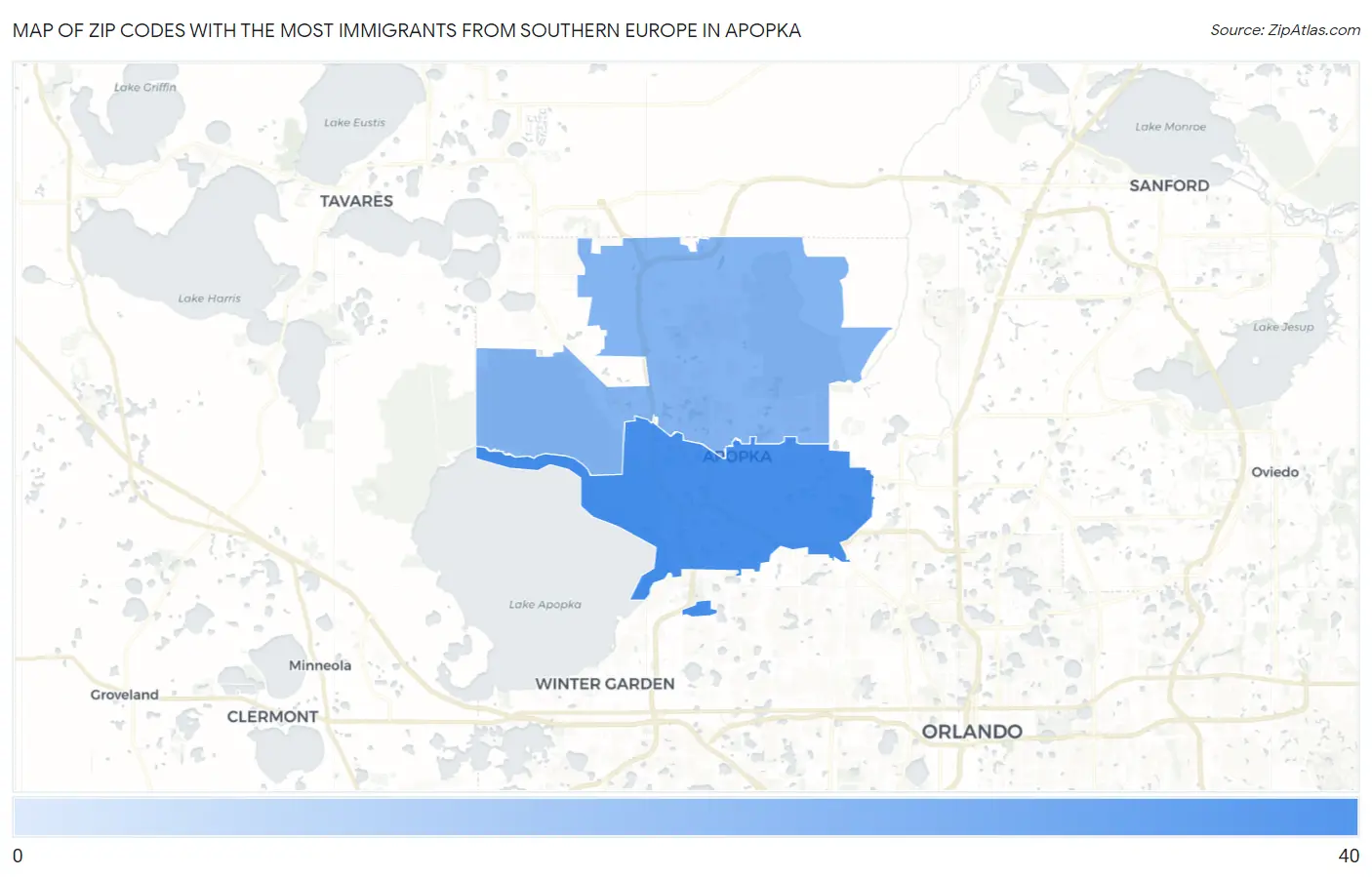 Zip Codes with the Most Immigrants from Southern Europe in Apopka Map