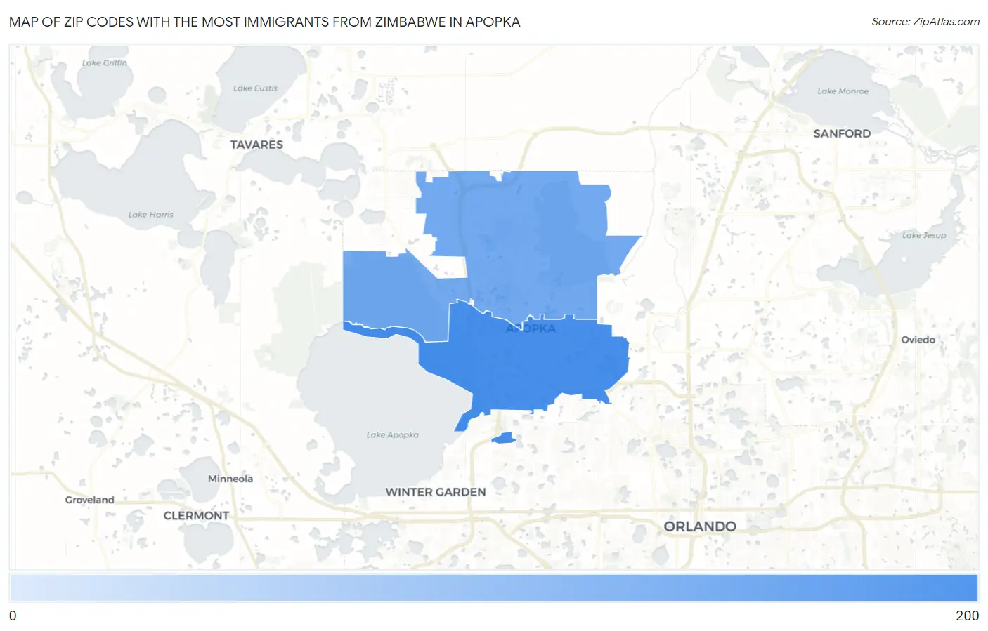 Zip Codes with the Most Immigrants from Zimbabwe in Apopka Map