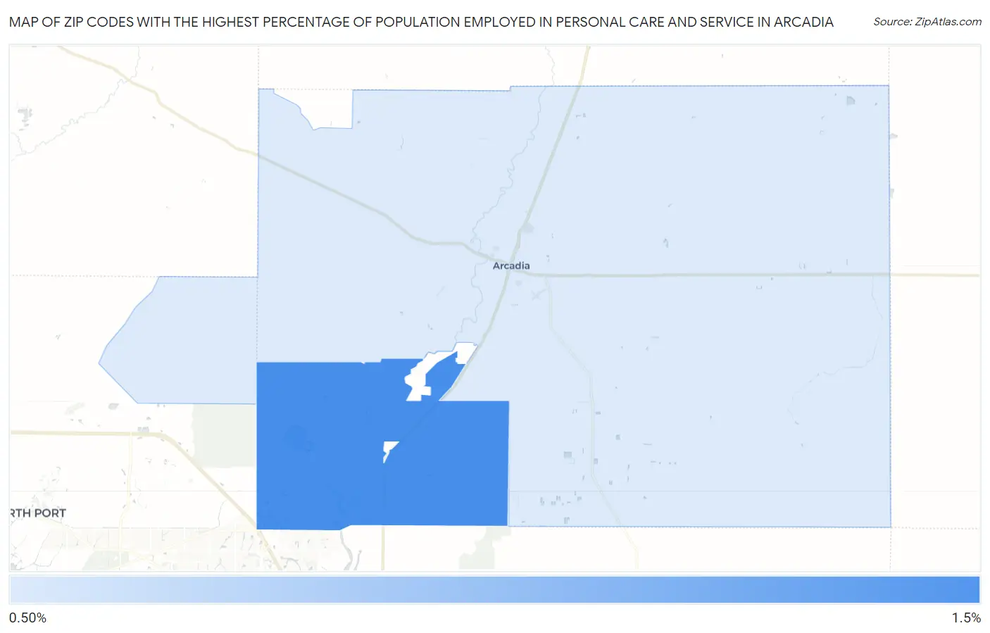 Zip Codes with the Highest Percentage of Population Employed in Personal Care and Service in Arcadia Map