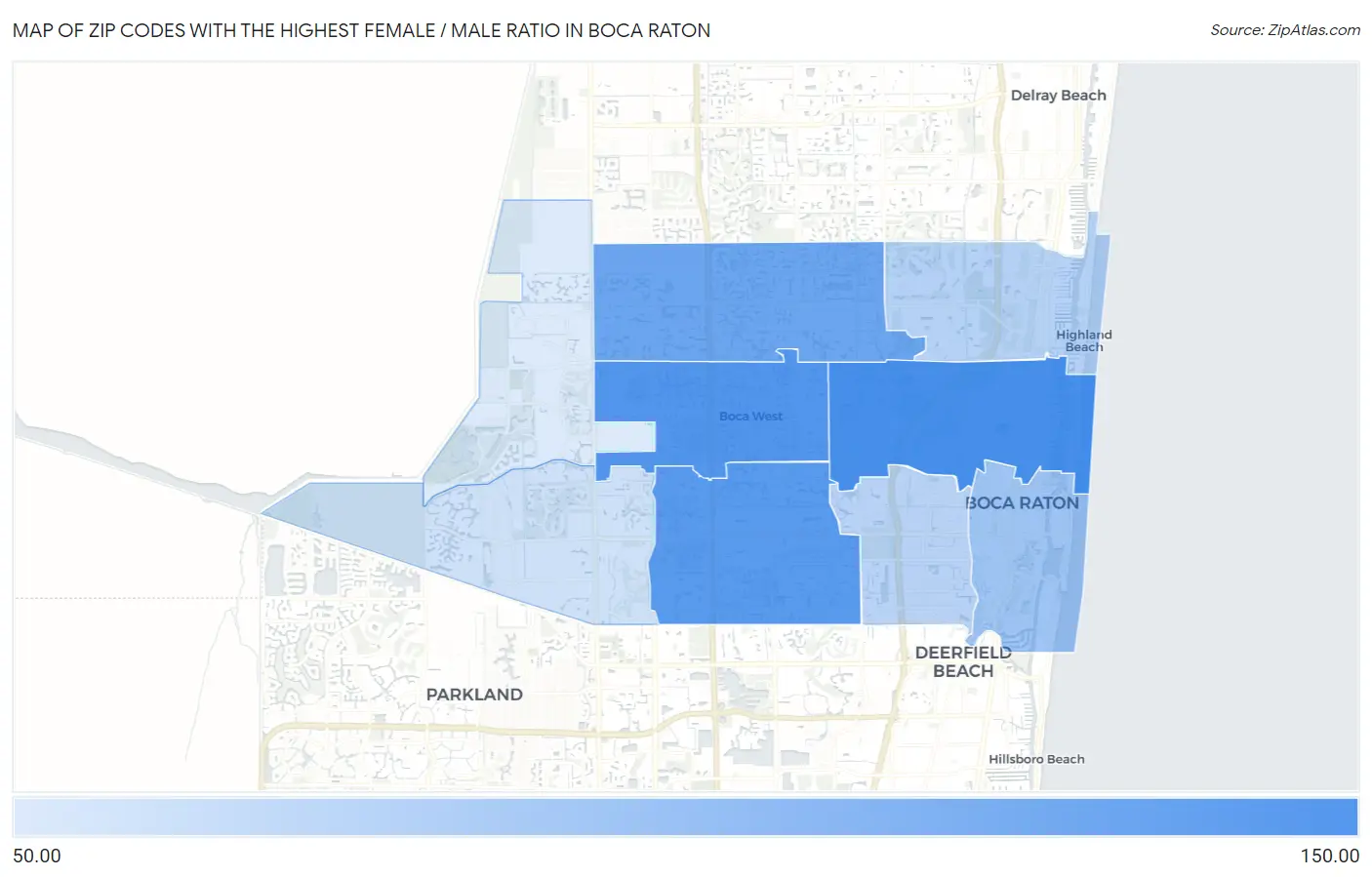 Zip Codes with the Highest Female / Male Ratio in Boca Raton Map