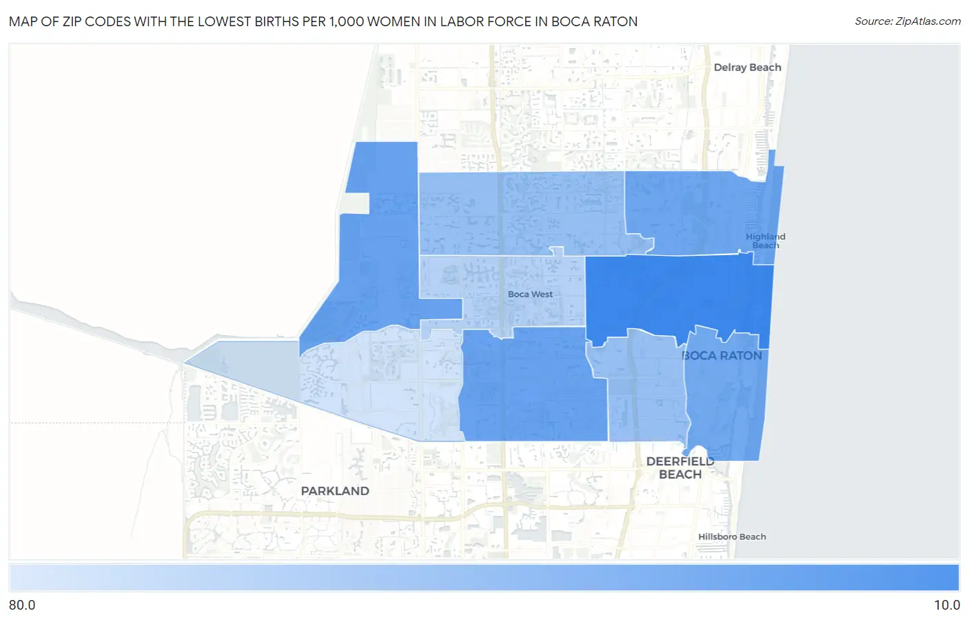 Zip Codes with the Lowest Births per 1,000 Women in Labor Force in Boca Raton Map