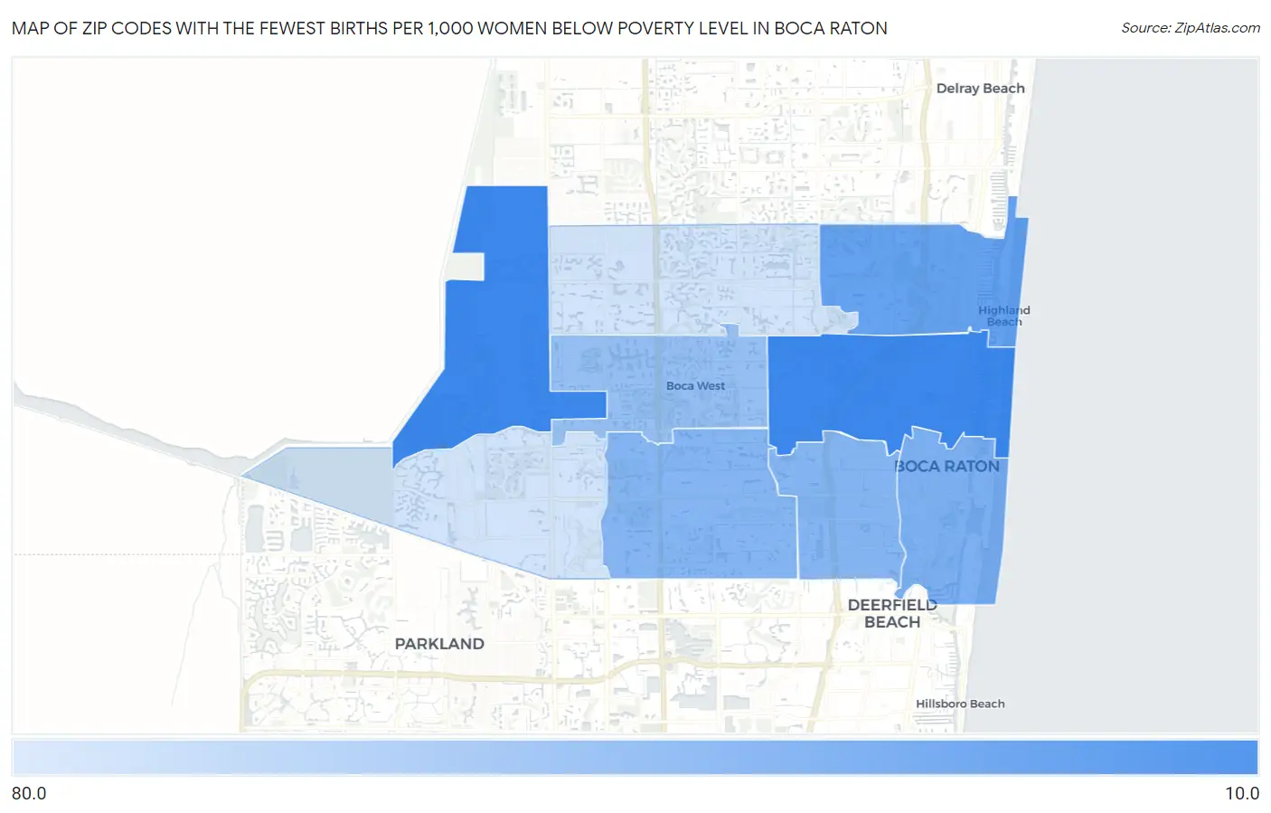 Zip Codes with the Fewest Births per 1,000 Women Below Poverty Level in Boca Raton Map