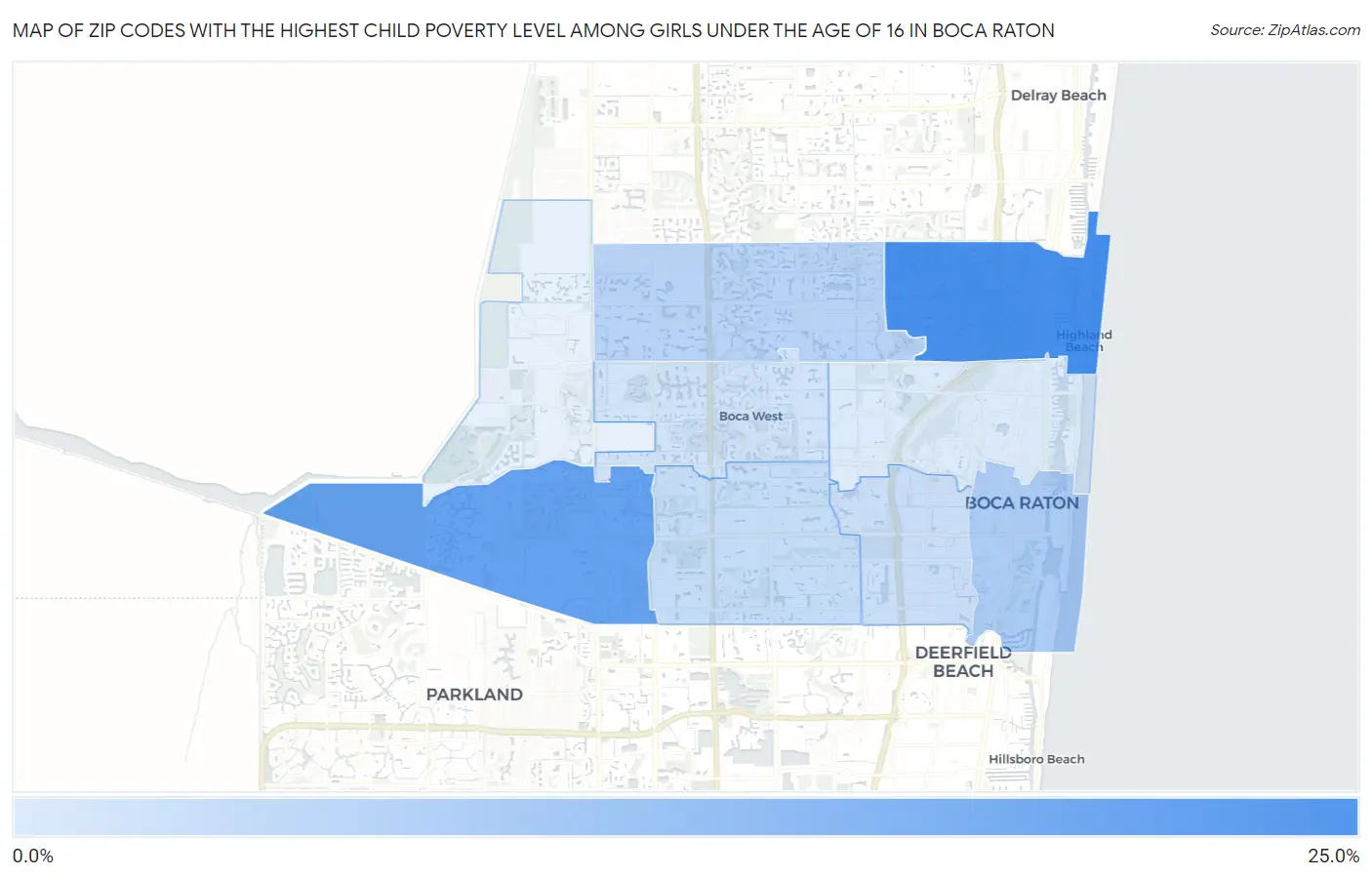 Zip Codes with the Highest Child Poverty Level Among Girls Under the Age of 16 in Boca Raton Map