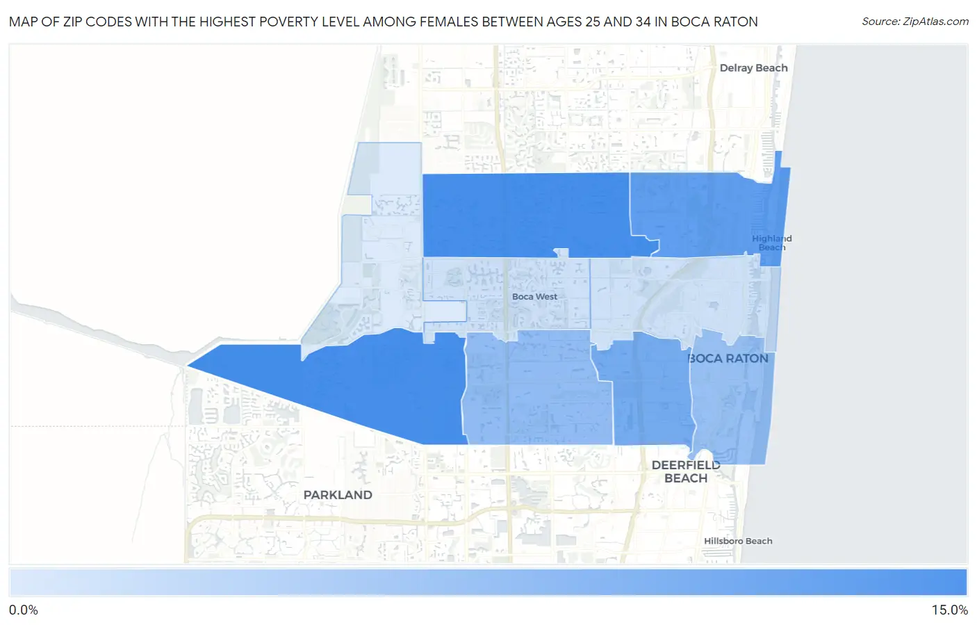 Zip Codes with the Highest Poverty Level Among Females Between Ages 25 and 34 in Boca Raton Map
