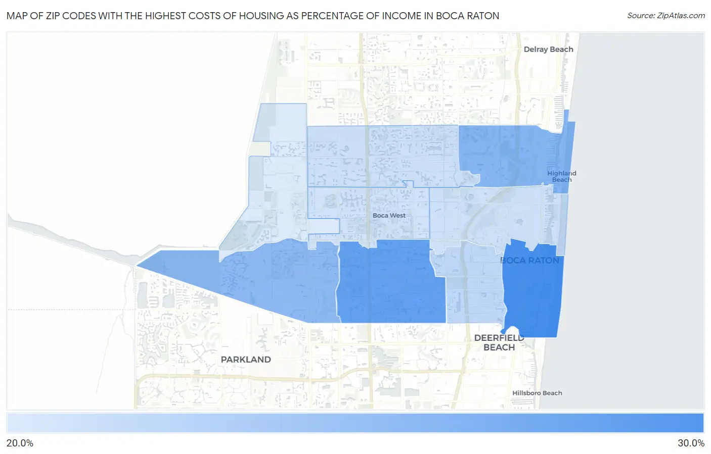 Zip Codes with the Highest Costs of Housing as Percentage of Income in Boca Raton Map