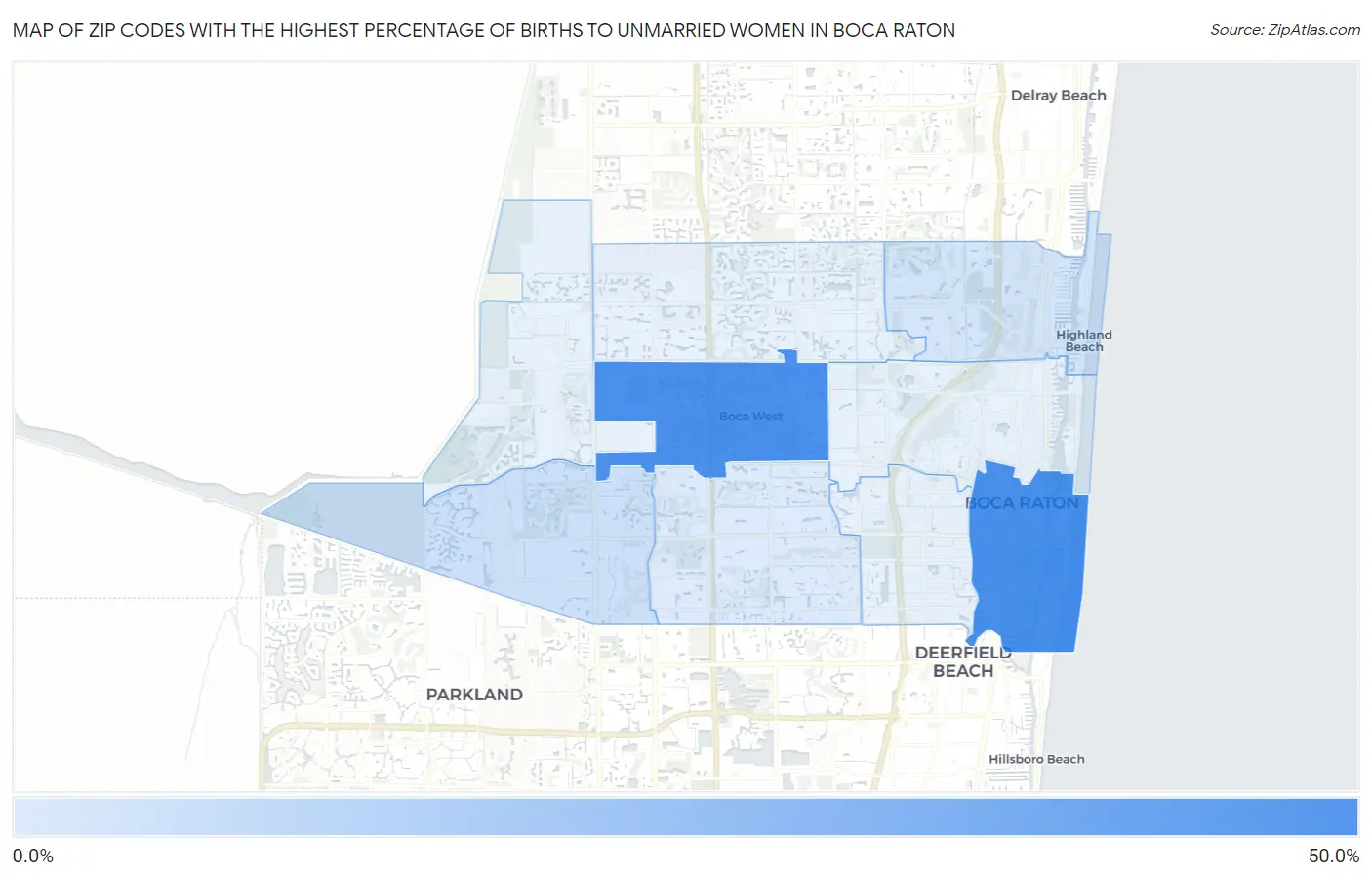Zip Codes with the Highest Percentage of Births to Unmarried Women in Boca Raton Map