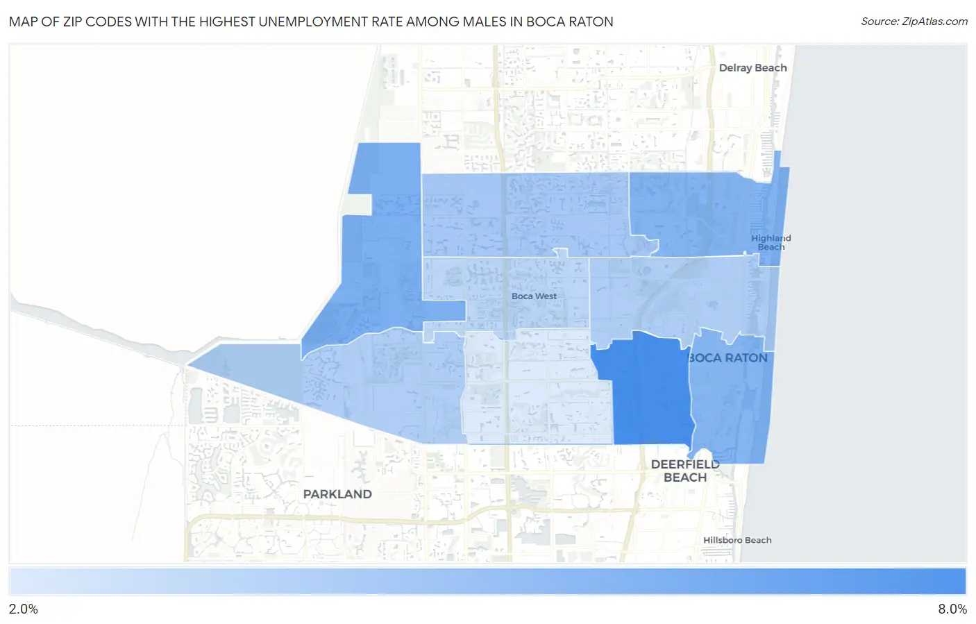Zip Codes with the Highest Unemployment Rate Among Males in Boca Raton Map