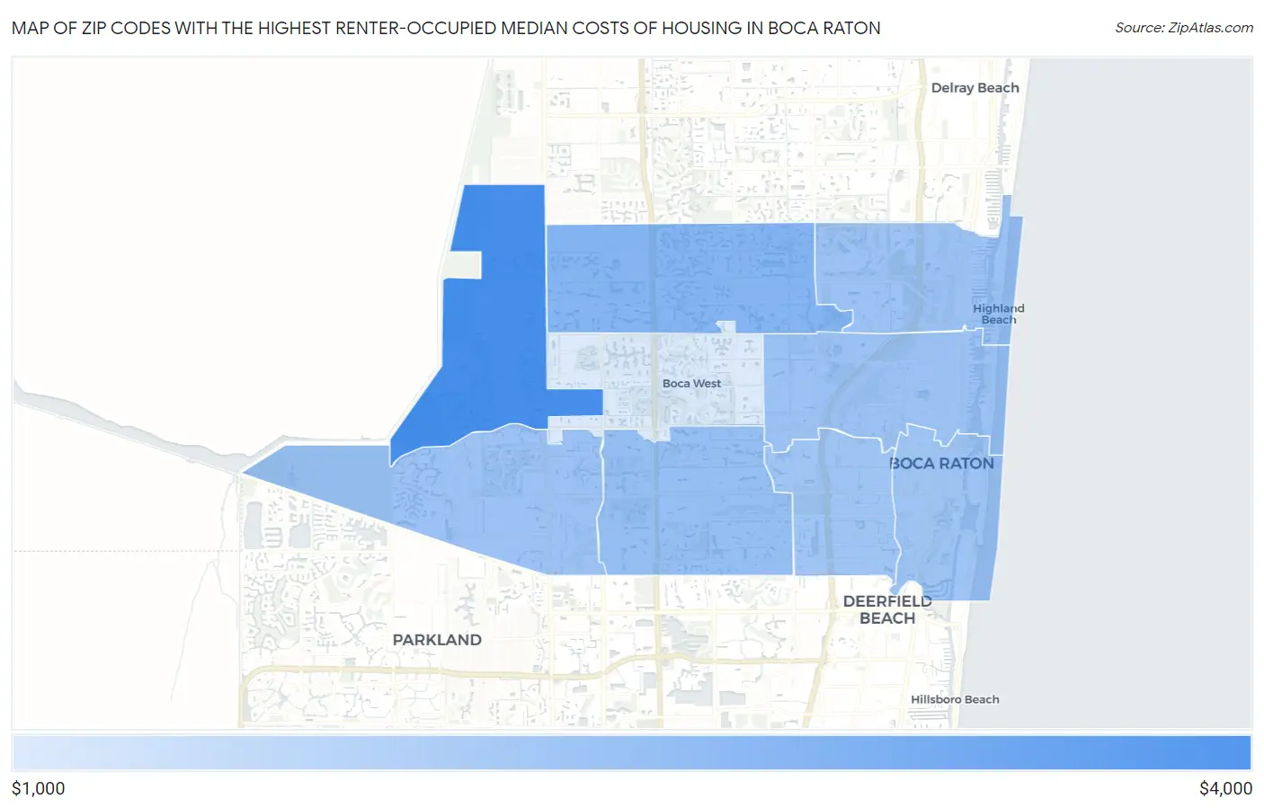 Zip Codes with the Highest Renter-Occupied Median Costs of Housing in Boca Raton Map