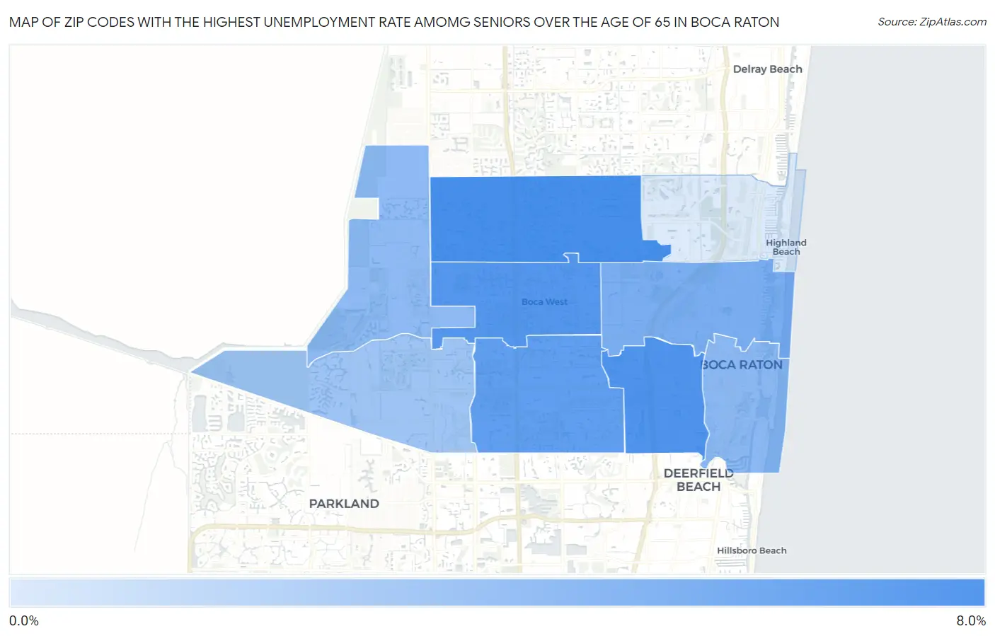 Zip Codes with the Highest Unemployment Rate Amomg Seniors Over the Age of 65 in Boca Raton Map