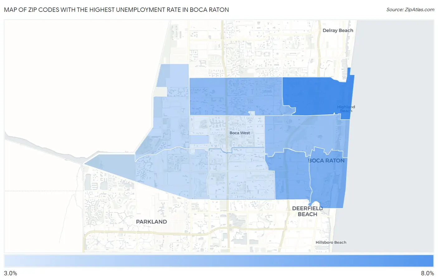 Zip Codes with the Highest Unemployment Rate in Boca Raton Map