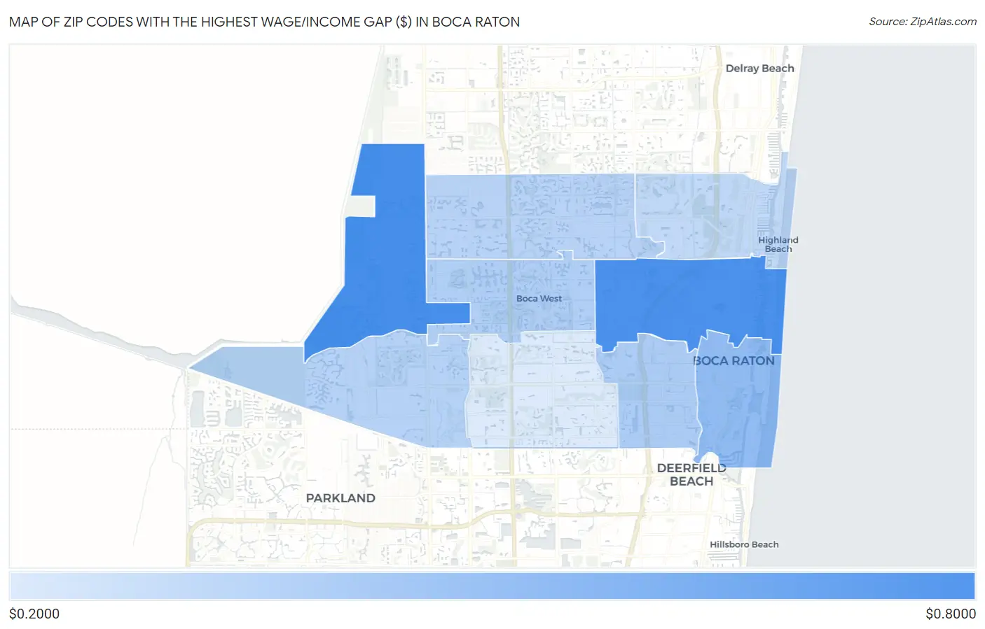 Zip Codes with the Highest Wage/Income Gap ($) in Boca Raton Map