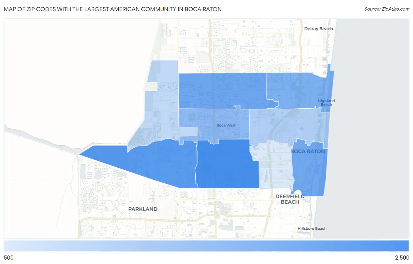 Zip Codes with the Largest American Community in Boca Raton Map