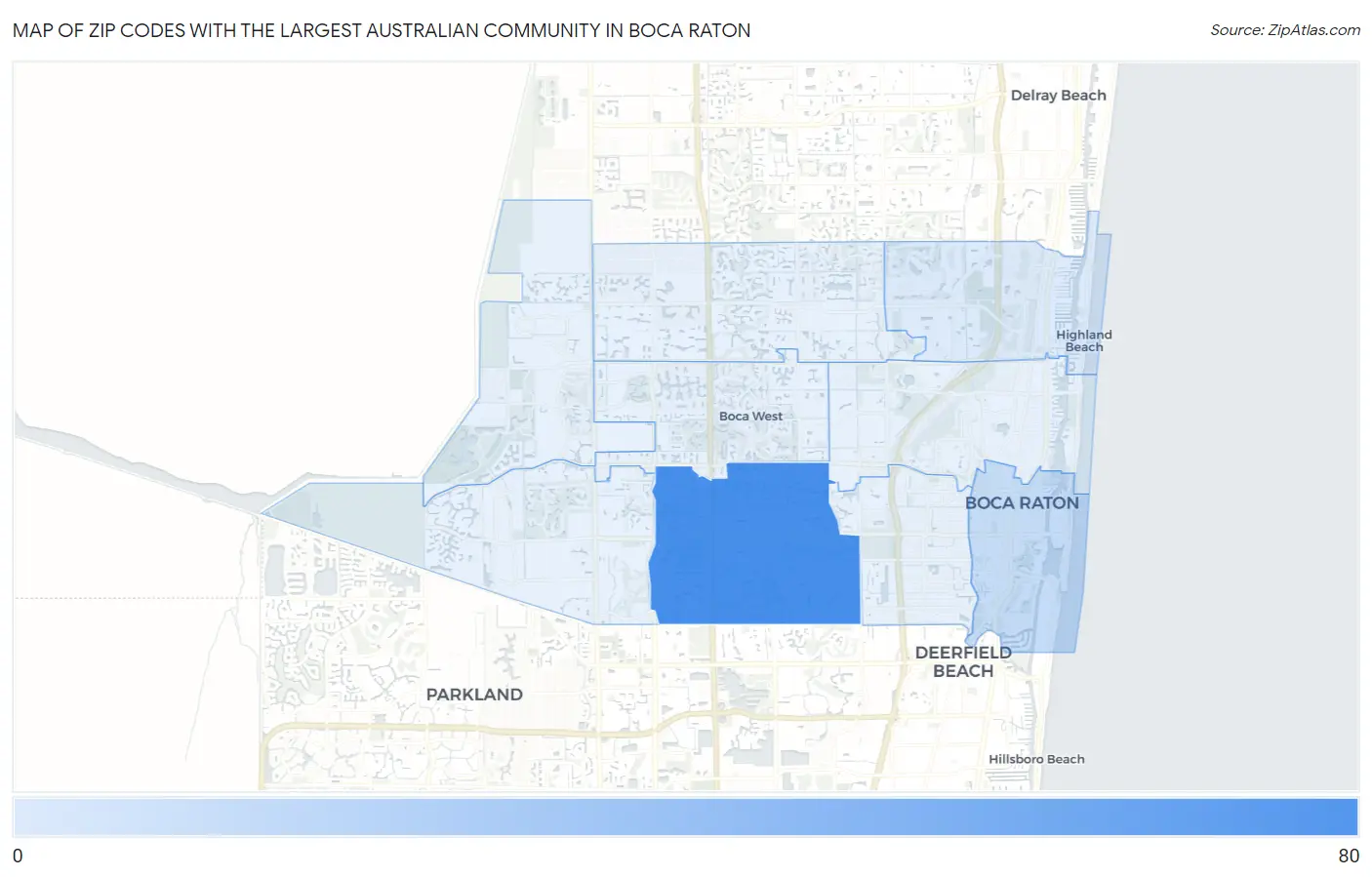 Zip Codes with the Largest Australian Community in Boca Raton Map