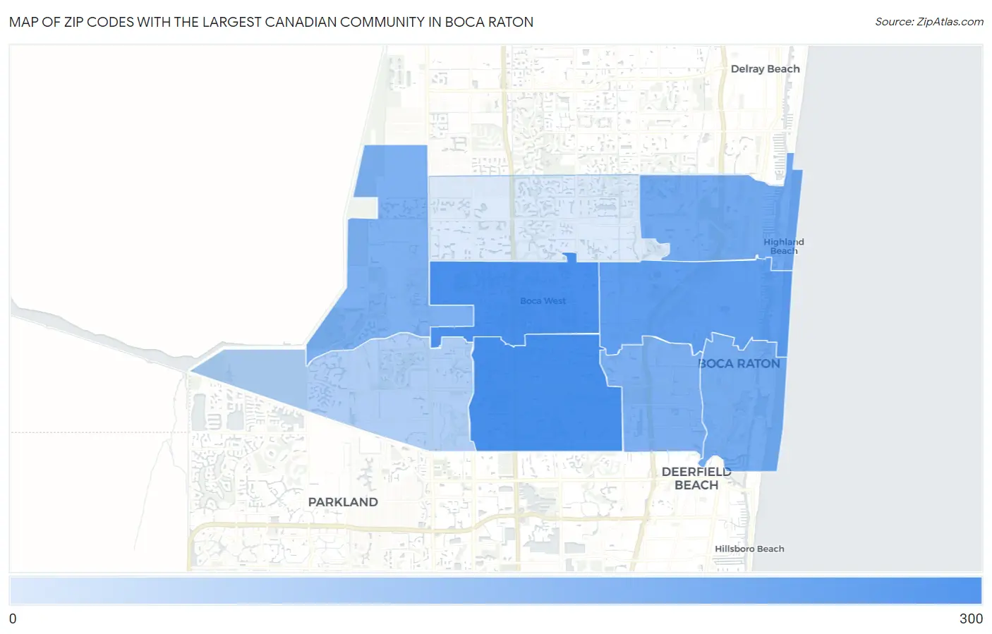 Zip Codes with the Largest Canadian Community in Boca Raton Map
