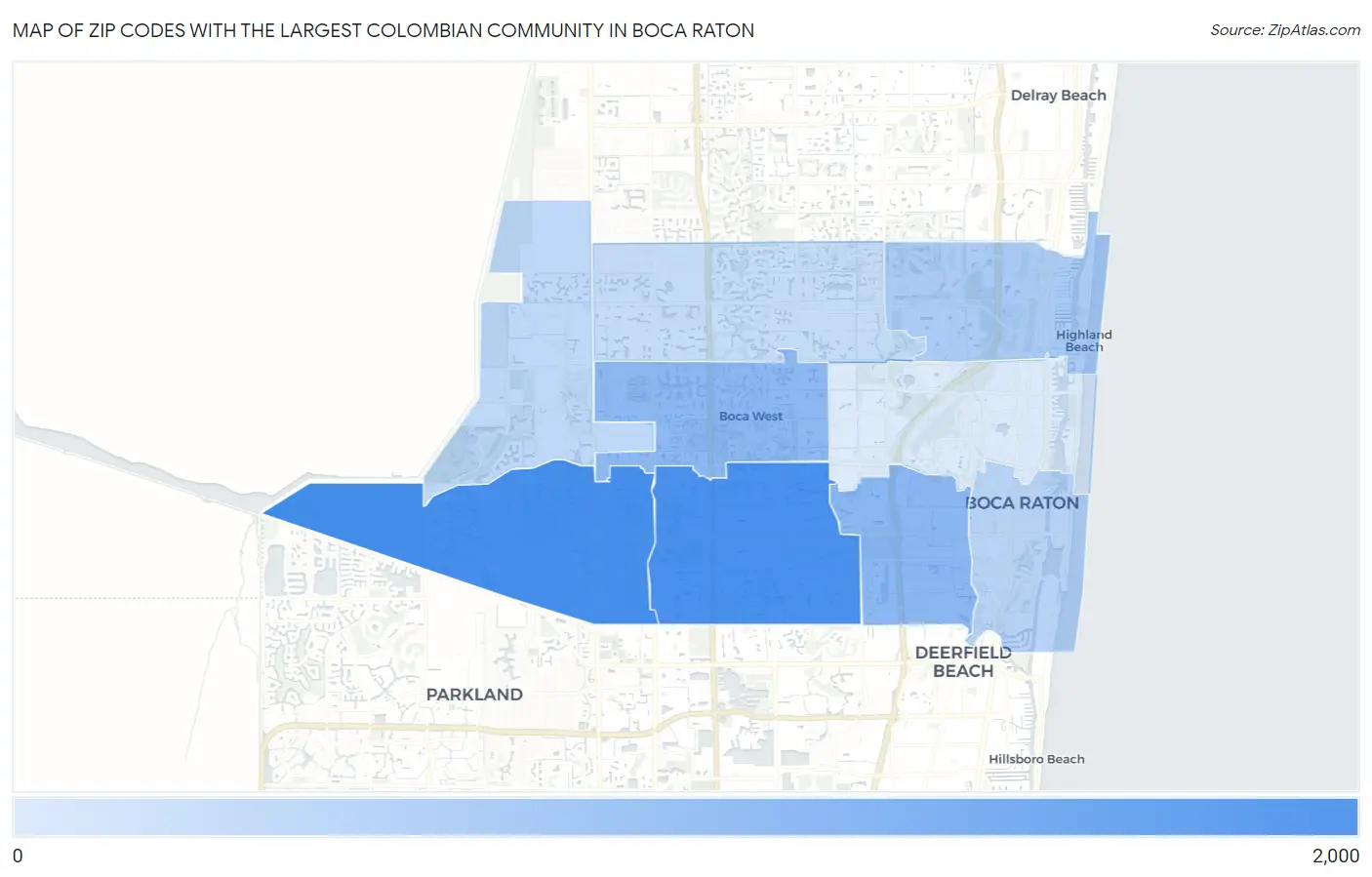 Zip Codes with the Largest Colombian Community in Boca Raton Map