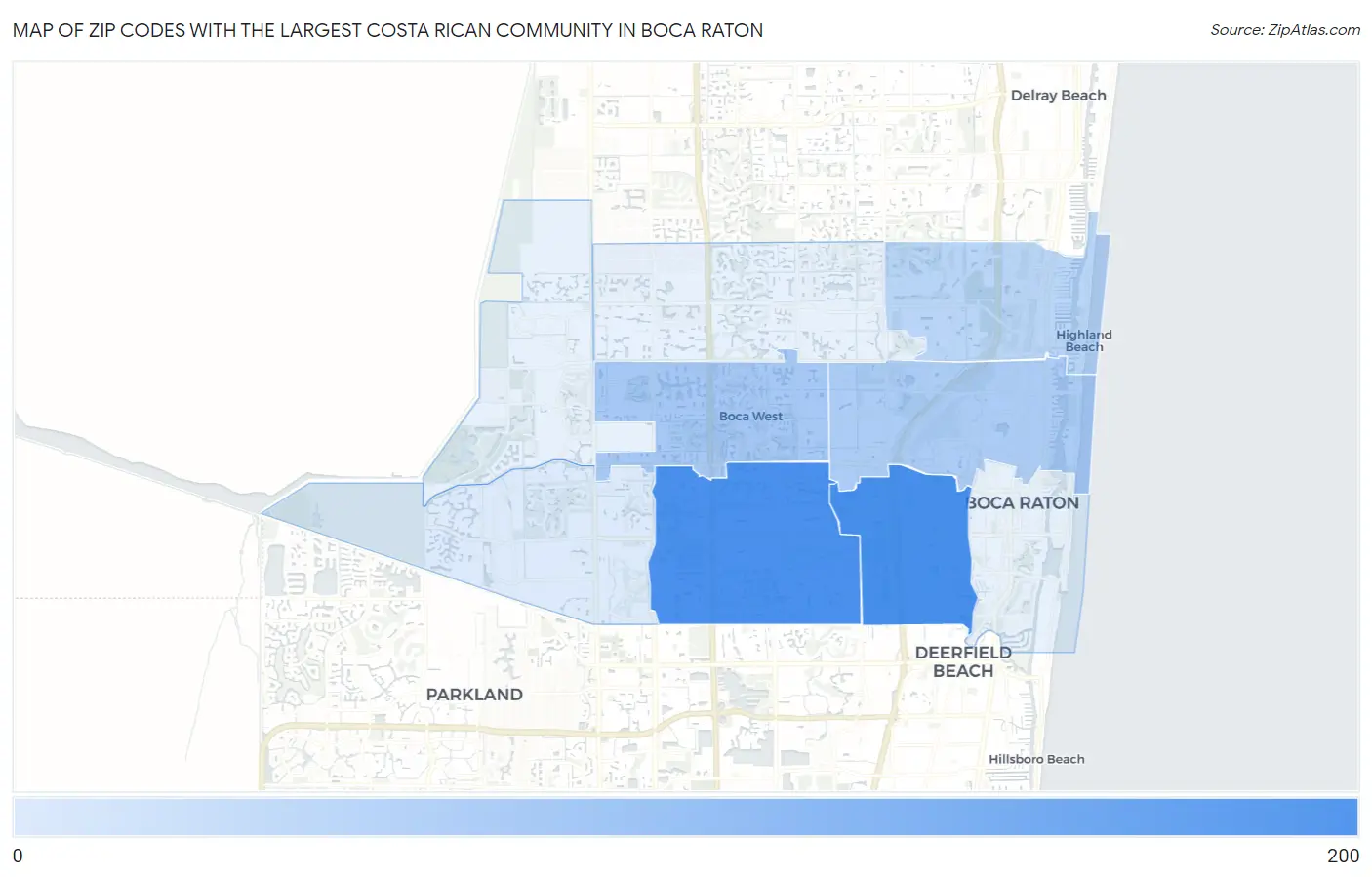 Zip Codes with the Largest Costa Rican Community in Boca Raton Map