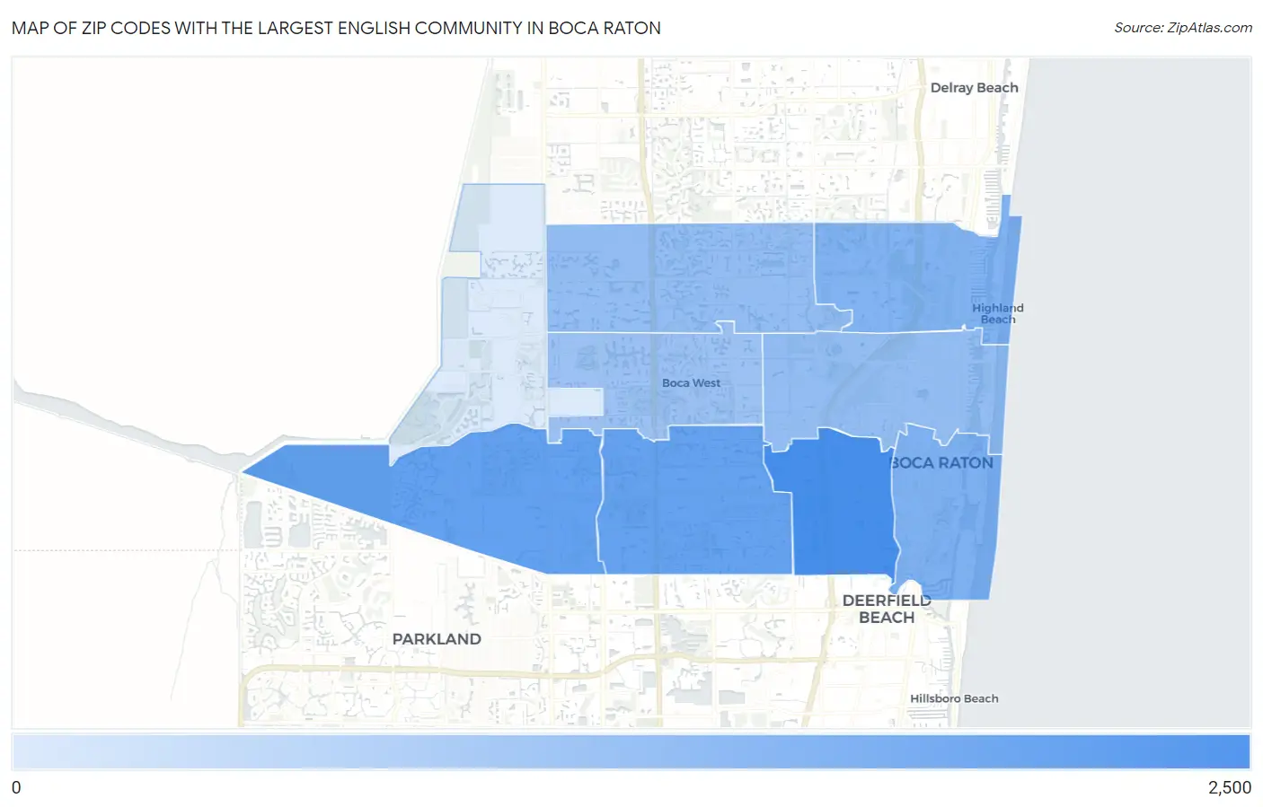 Zip Codes with the Largest English Community in Boca Raton Map