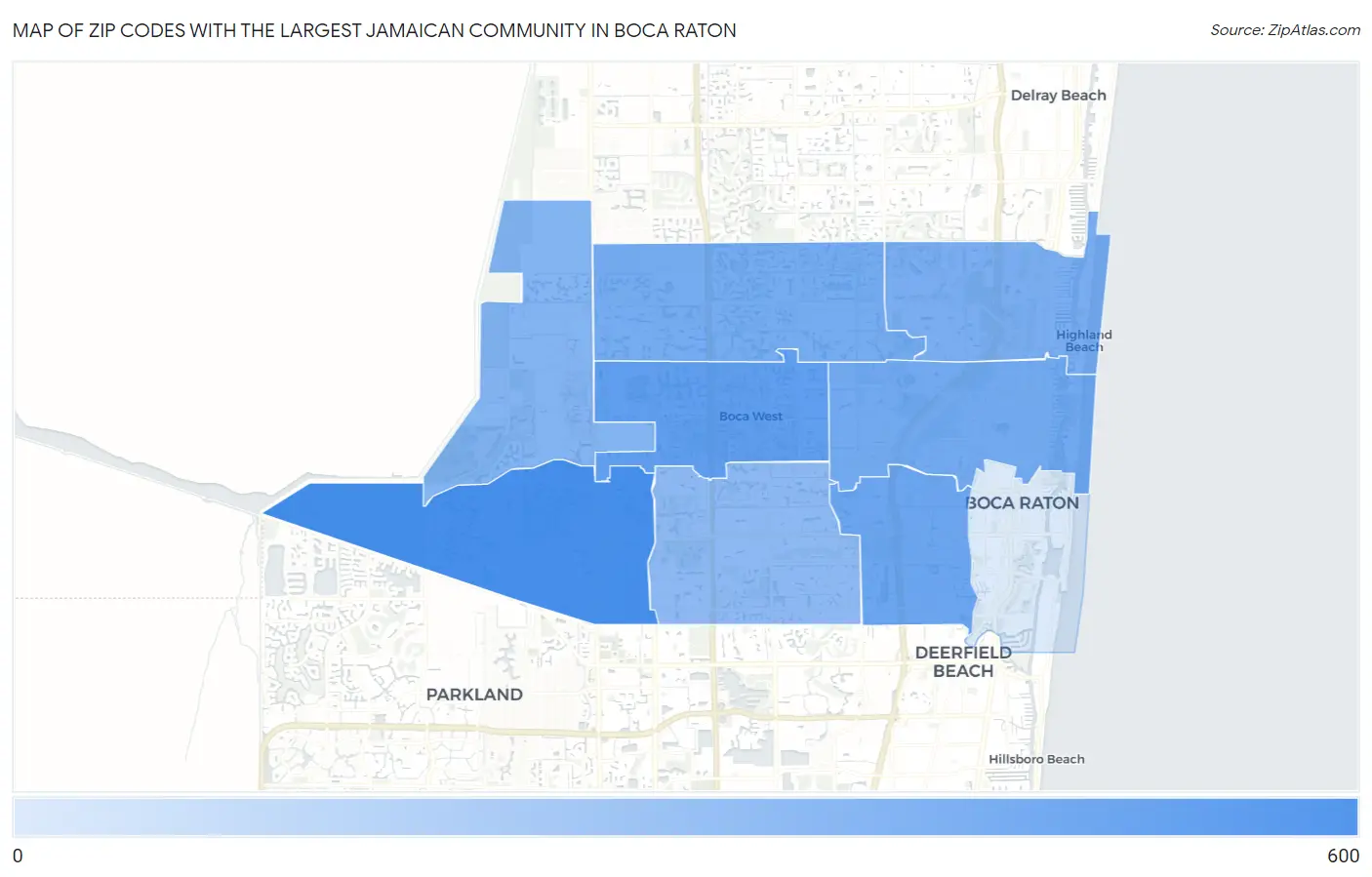 Zip Codes with the Largest Jamaican Community in Boca Raton Map