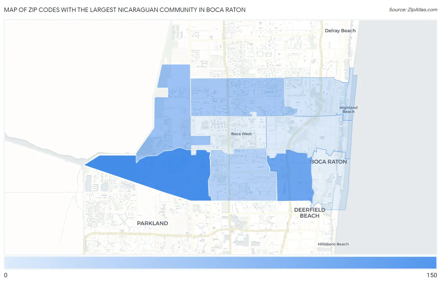 Zip Codes with the Largest Nicaraguan Community in Boca Raton Map