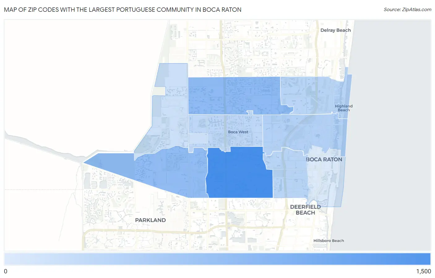 Zip Codes with the Largest Portuguese Community in Boca Raton Map