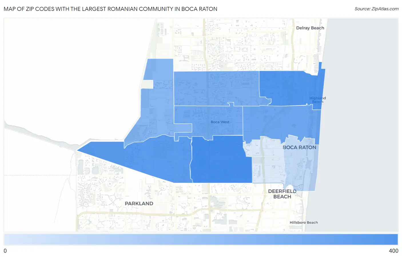 Zip Codes with the Largest Romanian Community in Boca Raton Map