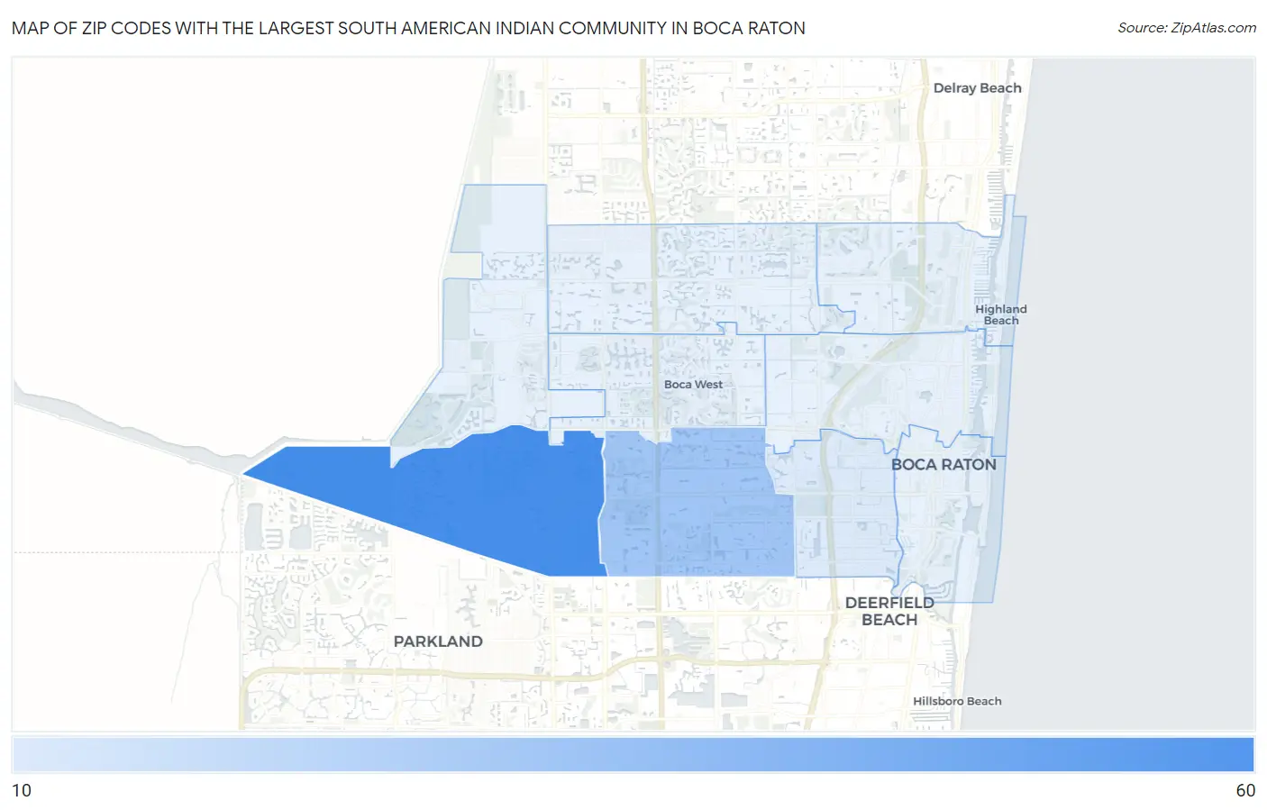 Zip Codes with the Largest South American Indian Community in Boca Raton Map