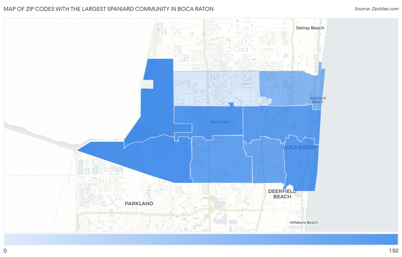 Zip Codes with the Largest Spaniard Community in Boca Raton Map