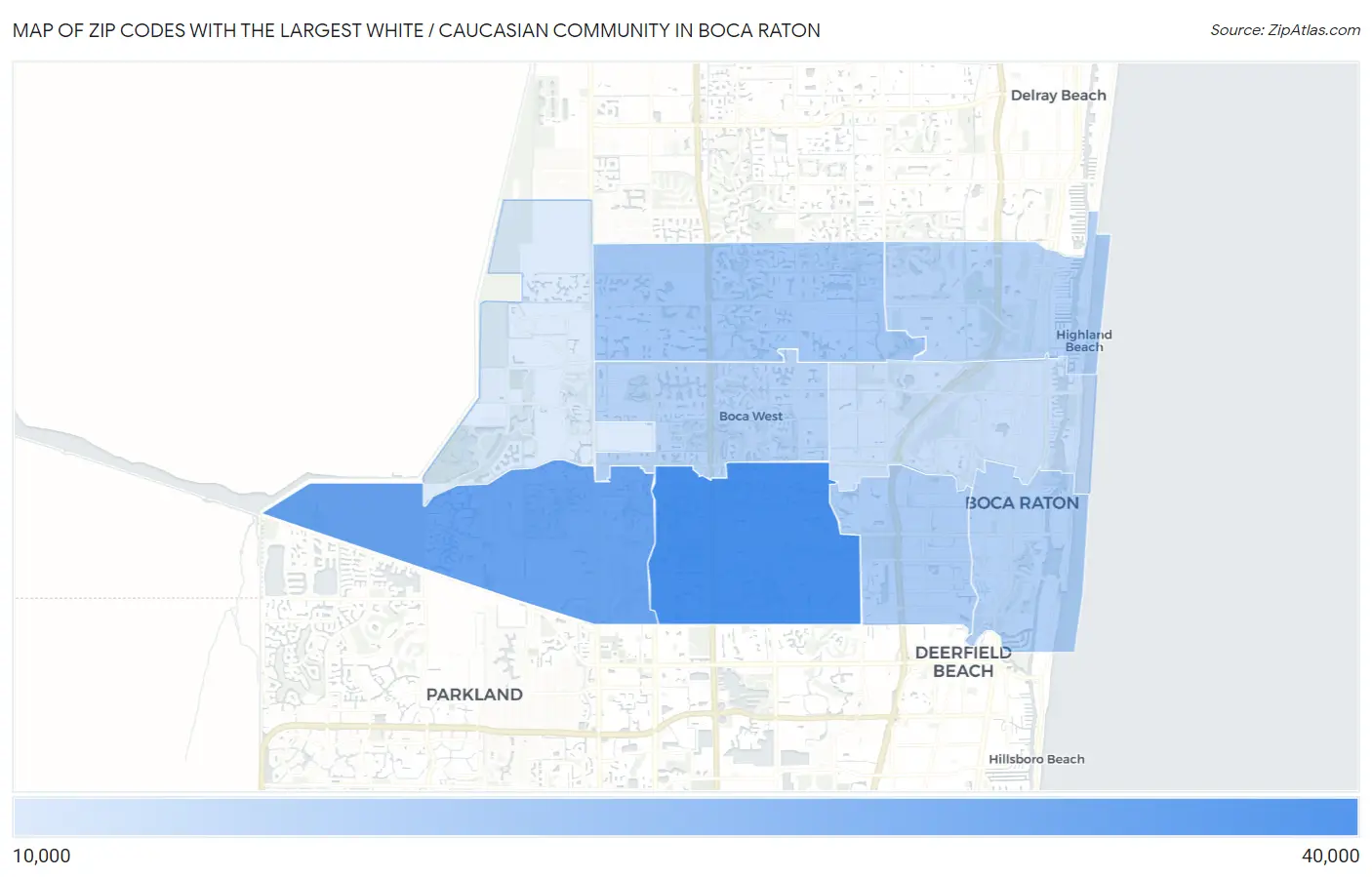 Zip Codes with the Largest White / Caucasian Community in Boca Raton Map