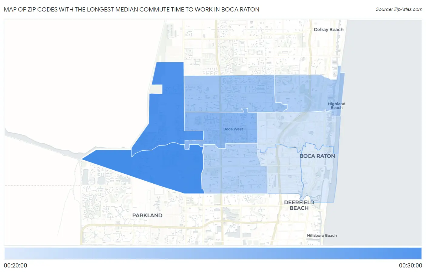 Zip Codes with the Longest Median Commute Time to Work in Boca Raton Map